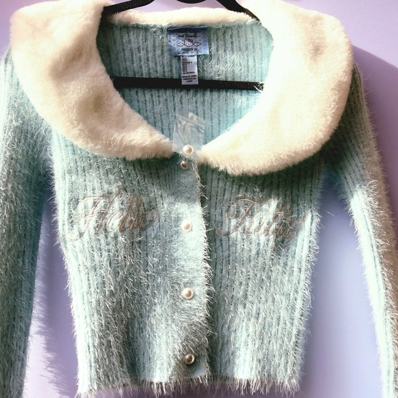 Forever 21 Sanrio Hello Kitty and Friends Faux Fur Sweater Cardigan Small Blue - Picture 2 of 6